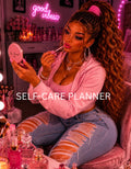 Self-Care Planner with lightskin women with light brown wavy long hair doing makeup sitting at her vanity
