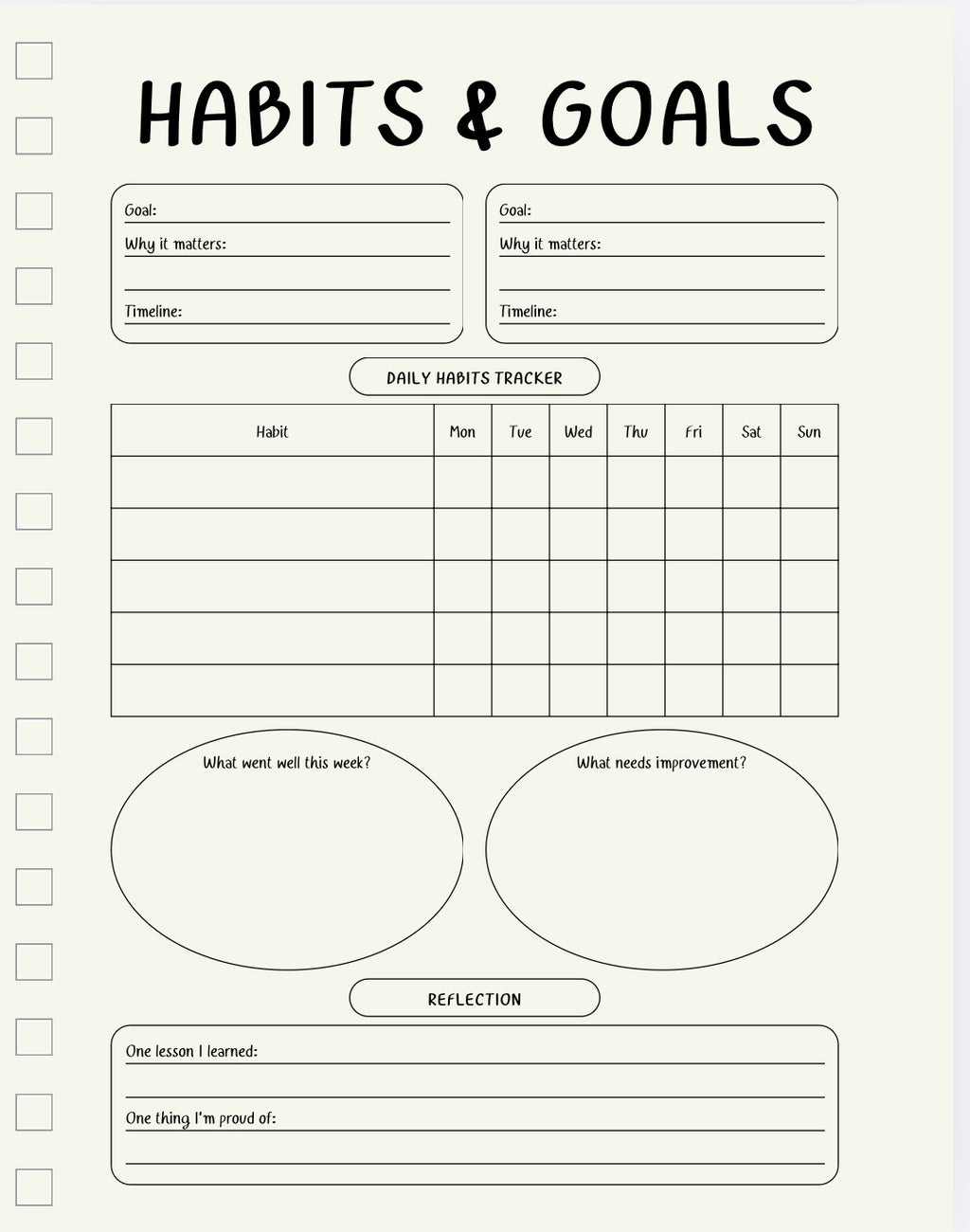 Habits and goals tracker with daily habits tracking section on a light purple background