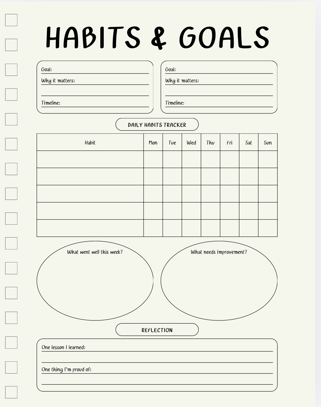 Habits and goals tracker with daily habits tracking section on a light purple background