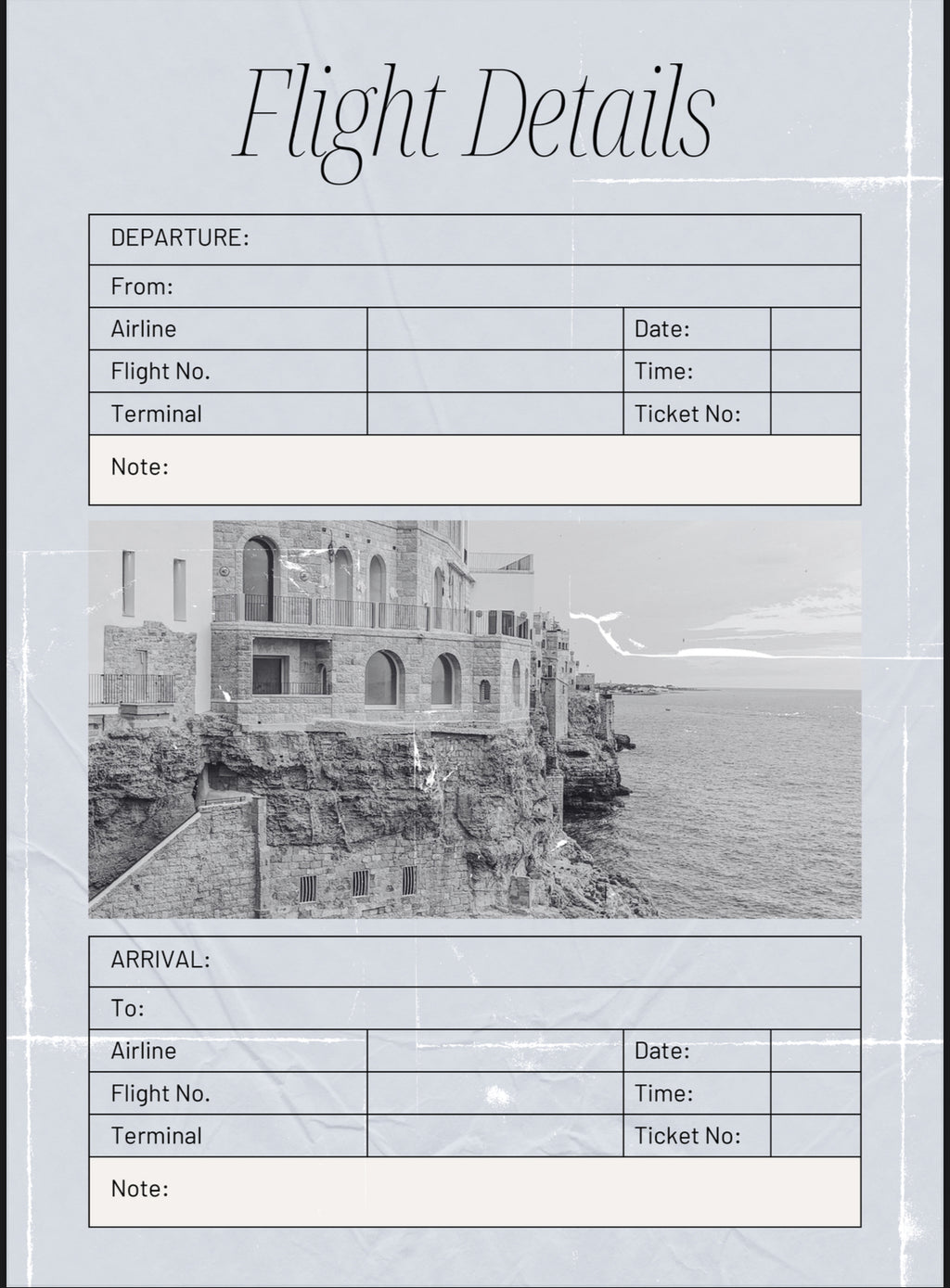 Vintage-style flight details form with black and white photo of coastal architecture.