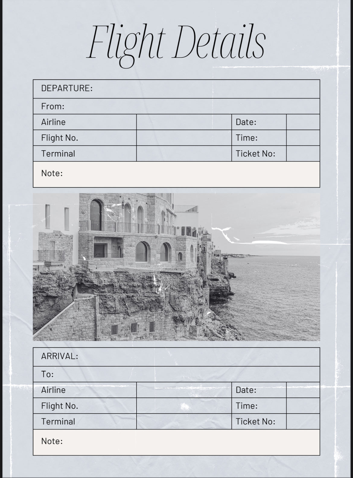 Vintage-style flight details form with black and white photo of coastal architecture.
