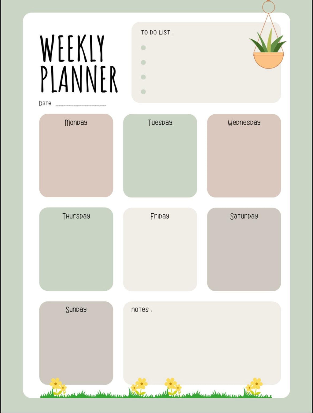 Weekly planner with days of the week and notes section on a light green background