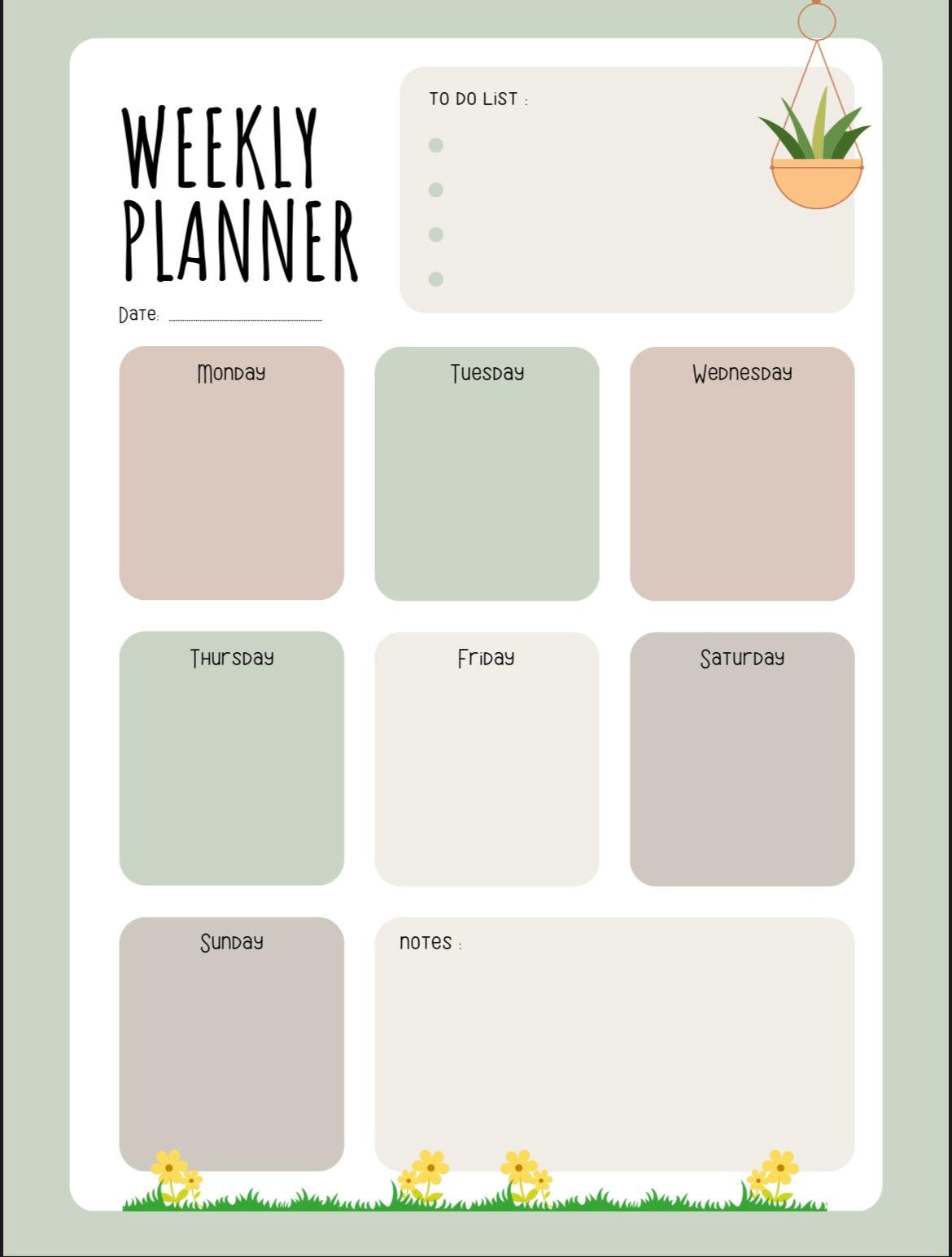 Weekly planner with days of the week and notes section on a light green background
