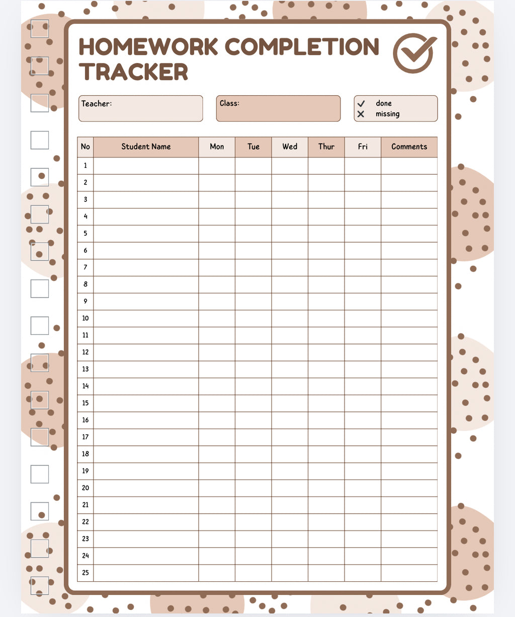 A brown and tan homework completion tracker for student 