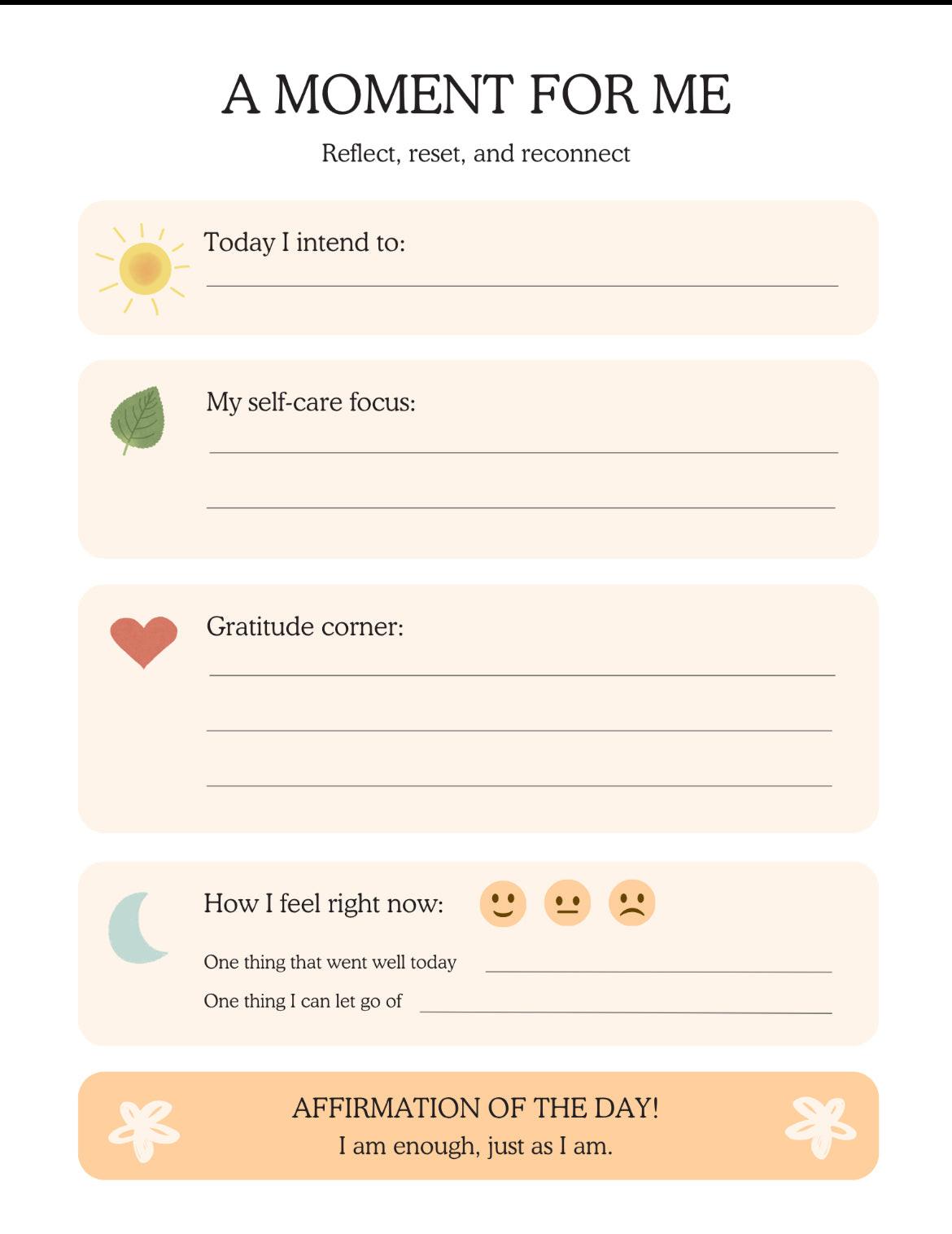 Self-care reflection form with various sections on a light beige background