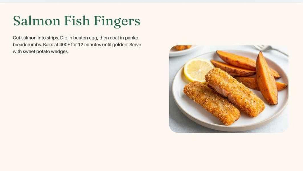 Plate of salmon fish fingers with sweet potato wedges on a white plate.