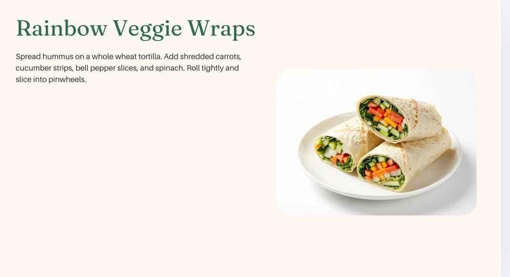 Rainbow Veggie Wraps on a white plate with text instructions on a light beige background