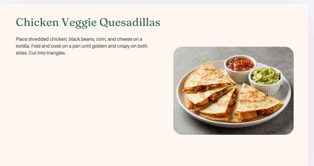 Chicken Veggie Quesadillas on a plate with ingredients on the side, text description above.