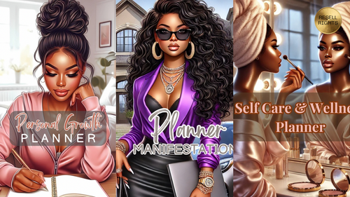 Three planners, Personal growth, manifestation, and selfcare planners with 3 brown skin women on the covers