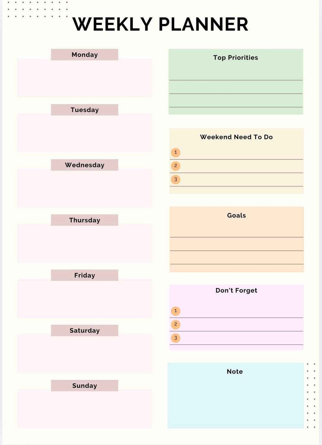 Weekly planner with colorful sections for different days of the week and tasks.