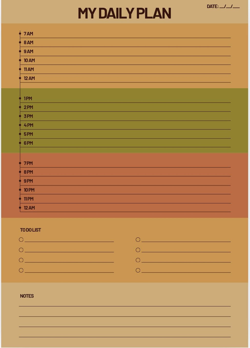 Daily plan sheet with time slots and sections for tasks and notes.