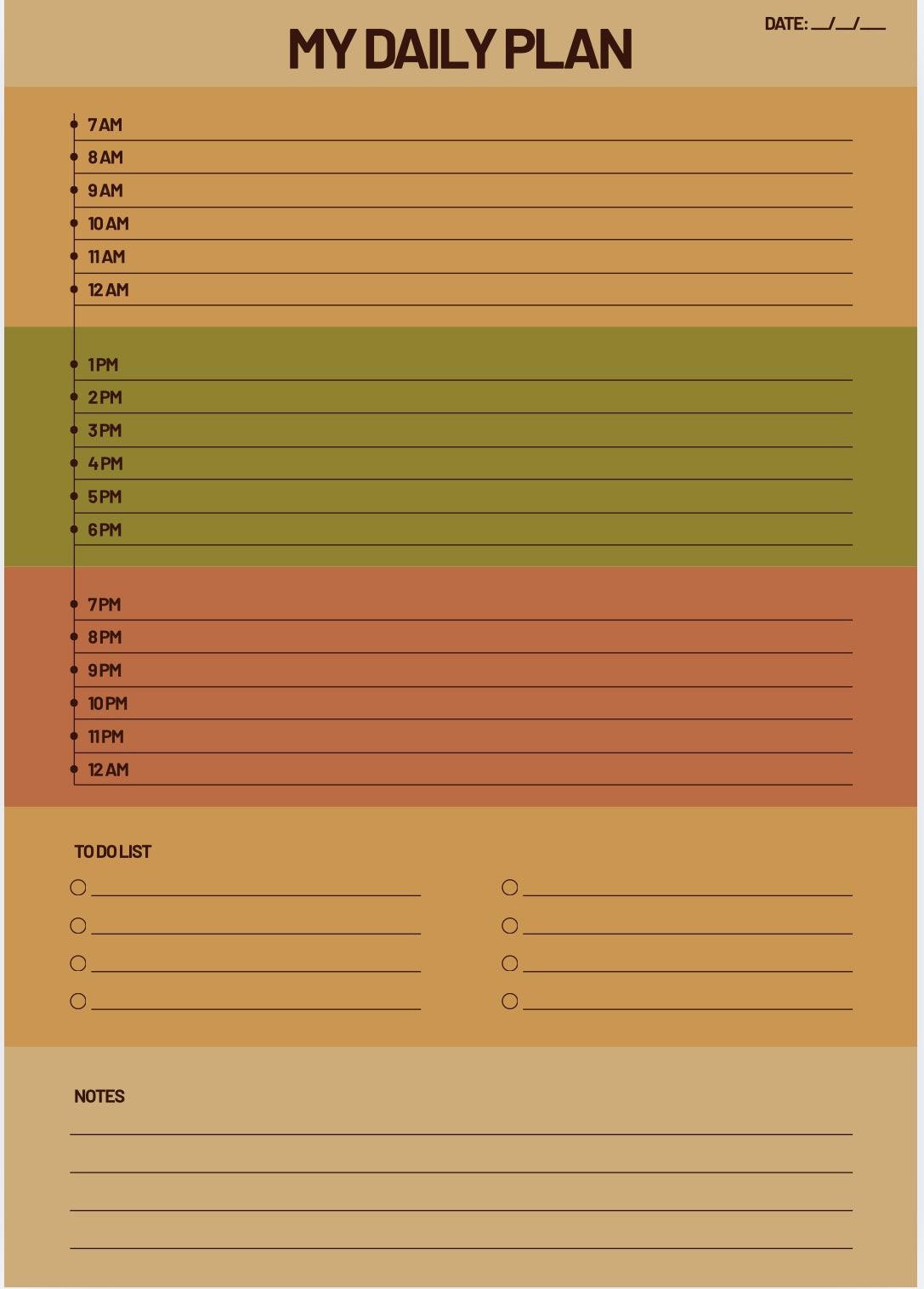 Daily plan sheet with time slots and sections for tasks and notes.