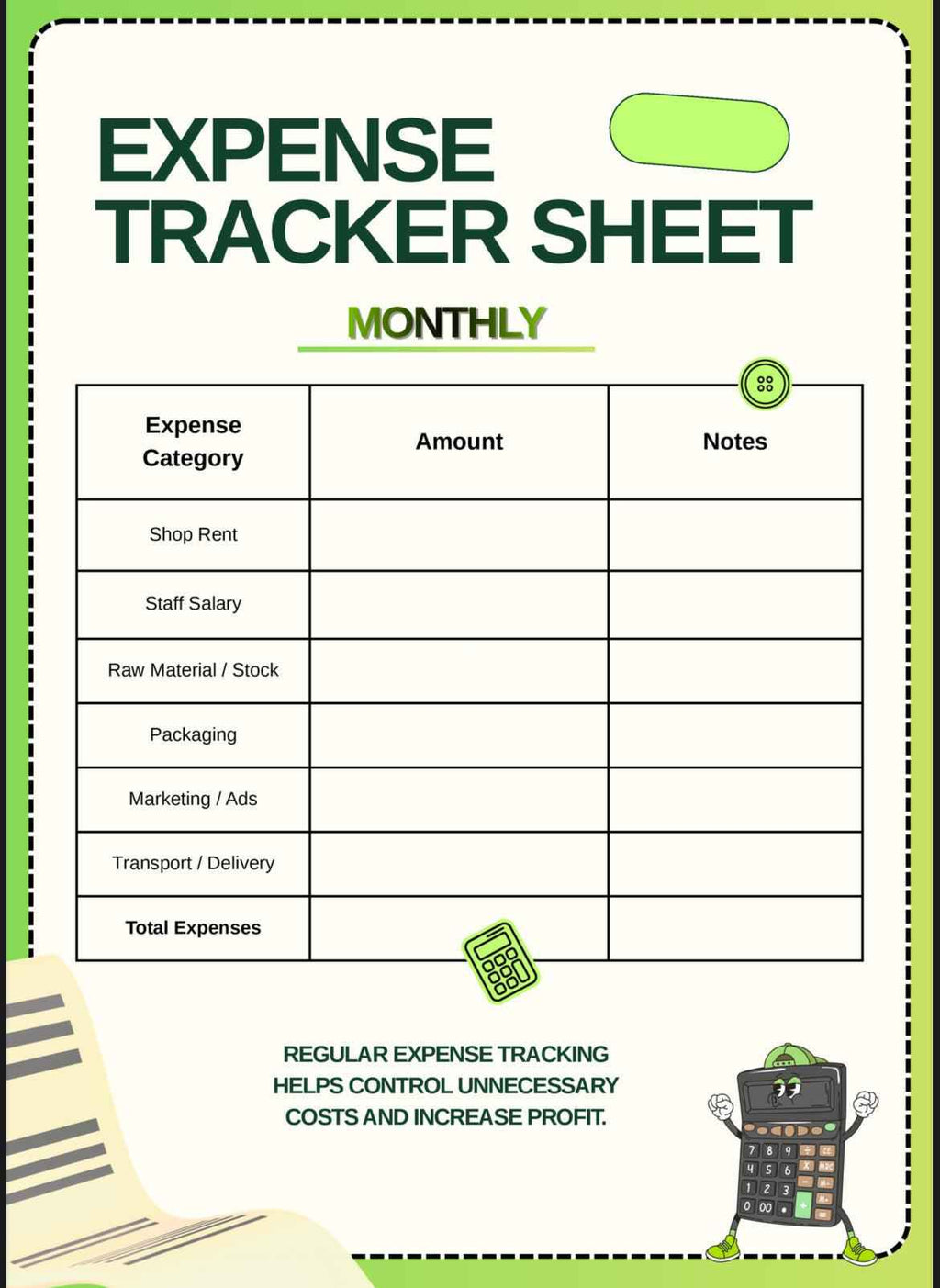 Expense tracker sheet with categories for monthly expenses on a white background.