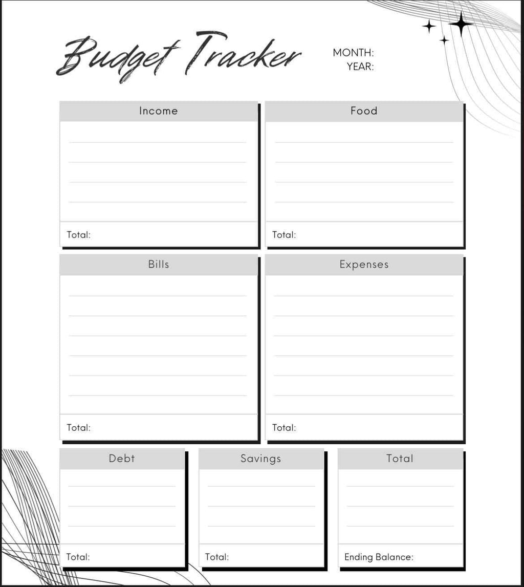 Black and white budget tracker with various categories on a white background