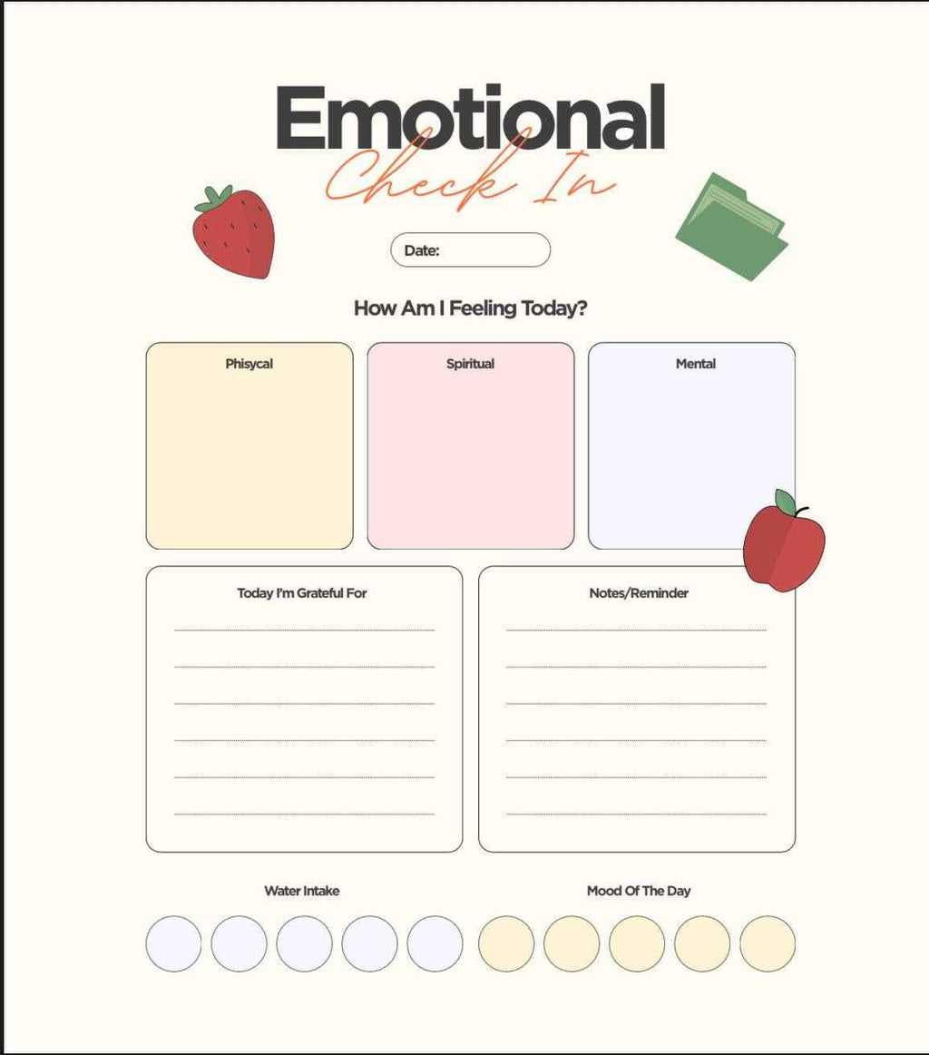 Emotional check-in sheet with various sections and illustrations on a white background