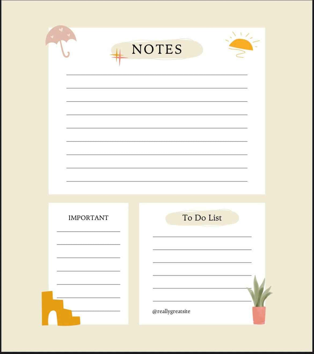 Notebook page with 'Notes', 'Important', and 'To Do List' sections on a beige background.