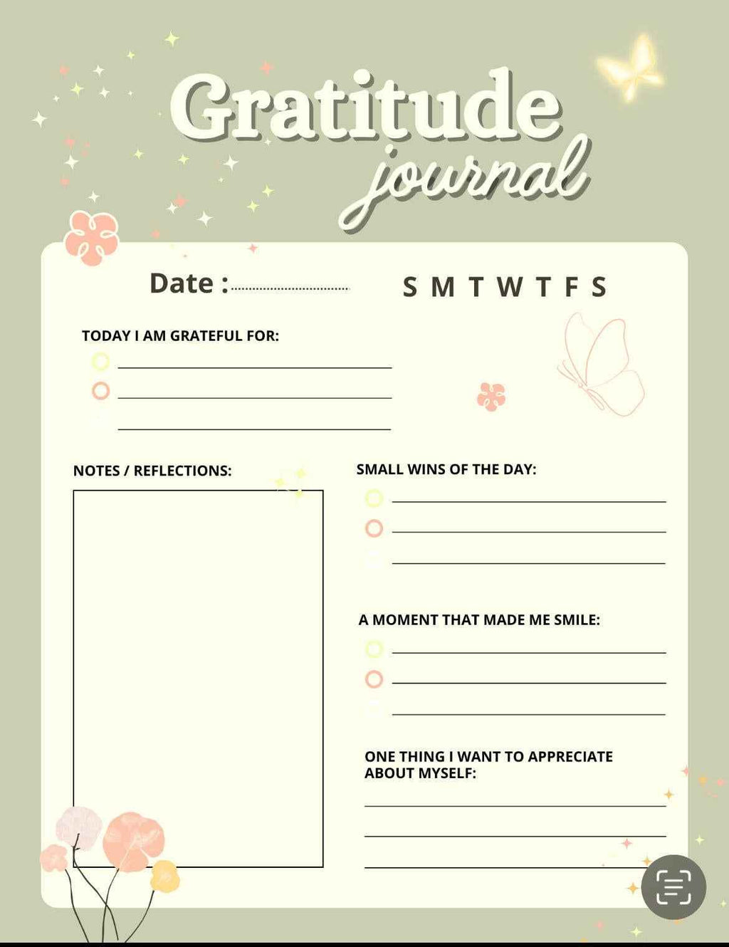 Gratitude journal with a floral design on a light green background