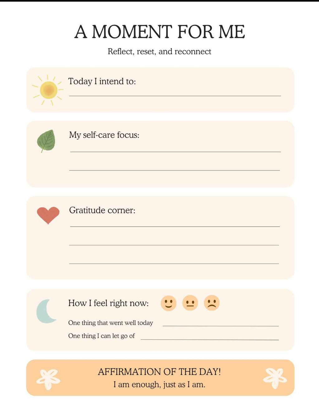 Self-care reflection form with various prompts on a light beige background