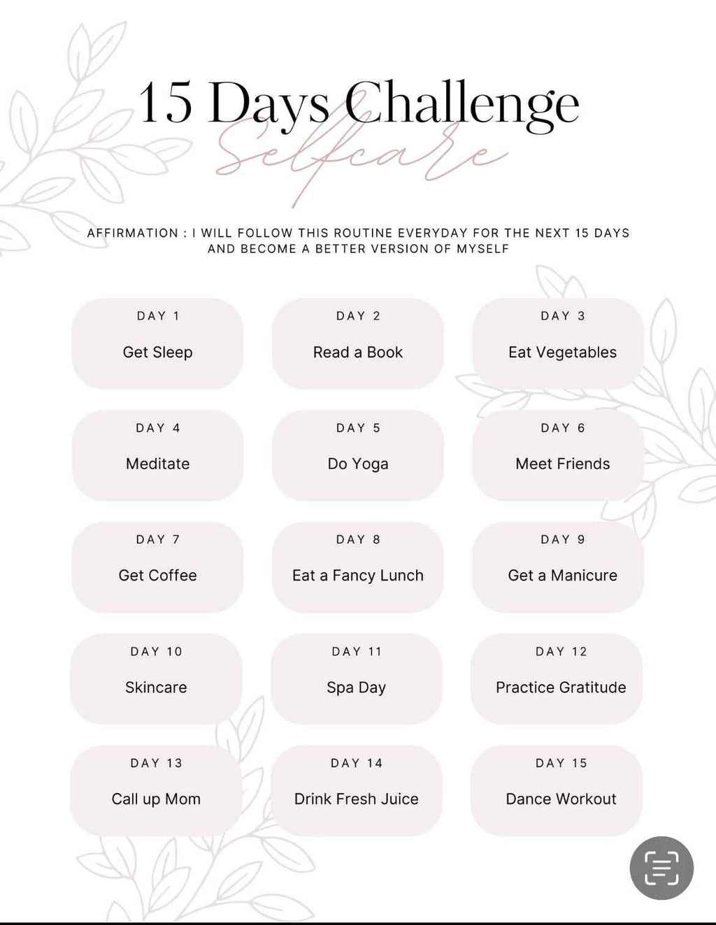 15 Days Self-Care Challenge with daily activities on a white background