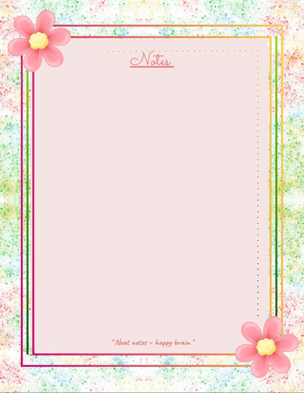 Notebook page with floral design and 'Notes' text on a colorful background