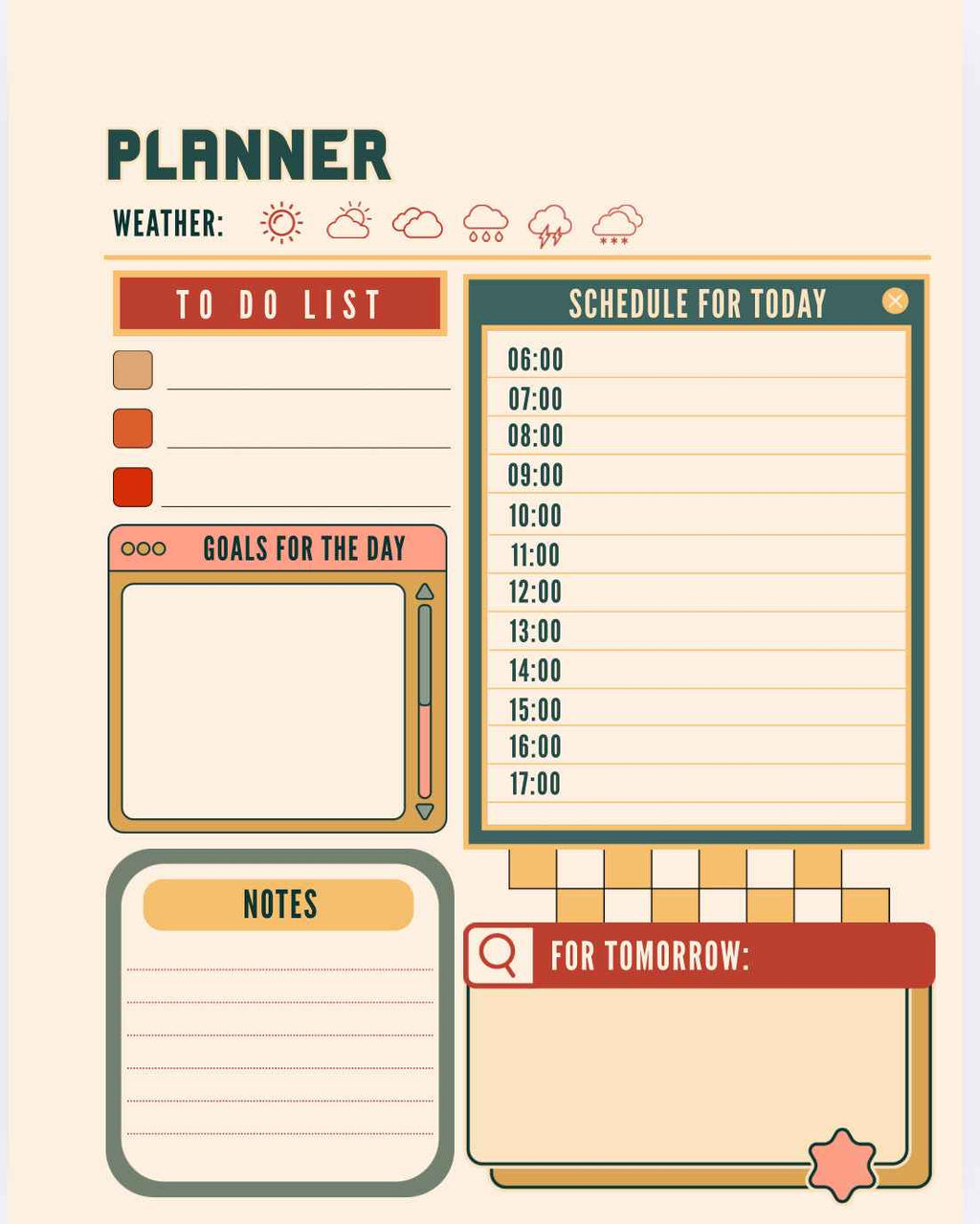 Vintage-style planner with sections for weather, to-do list, schedule, goals, notes, and tomorrow's plans.