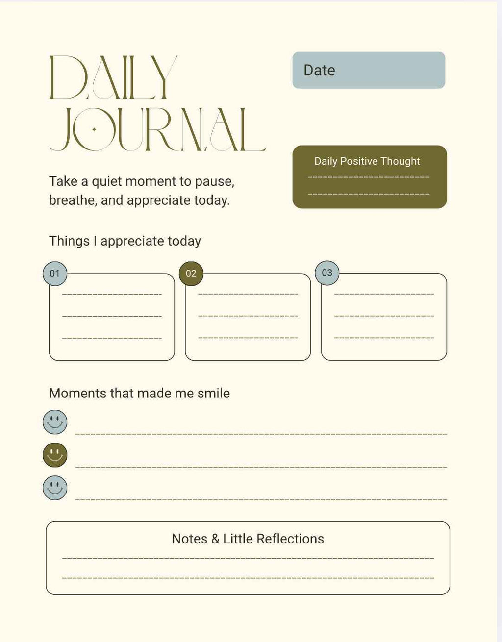 Daily journal template with sections for date, daily positive thought, things appreciated, moments smiled, and notes.