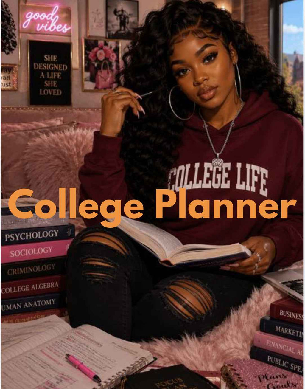 Person wearing a 'College Life' hoodie surrounded by books with text overlay 'College Planner'.