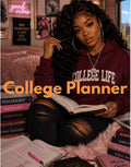 Person wearing a 'College Life' hoodie surrounded by books with text overlay 'College Planner'.