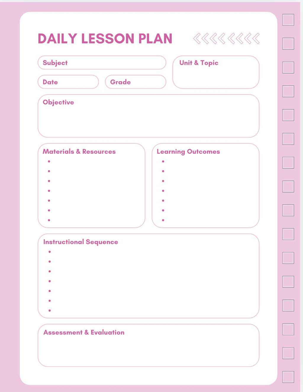 Daily lesson plan template with pink background