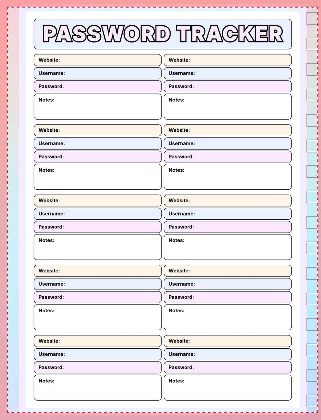 Password tracker sheet with a pastel gradient border