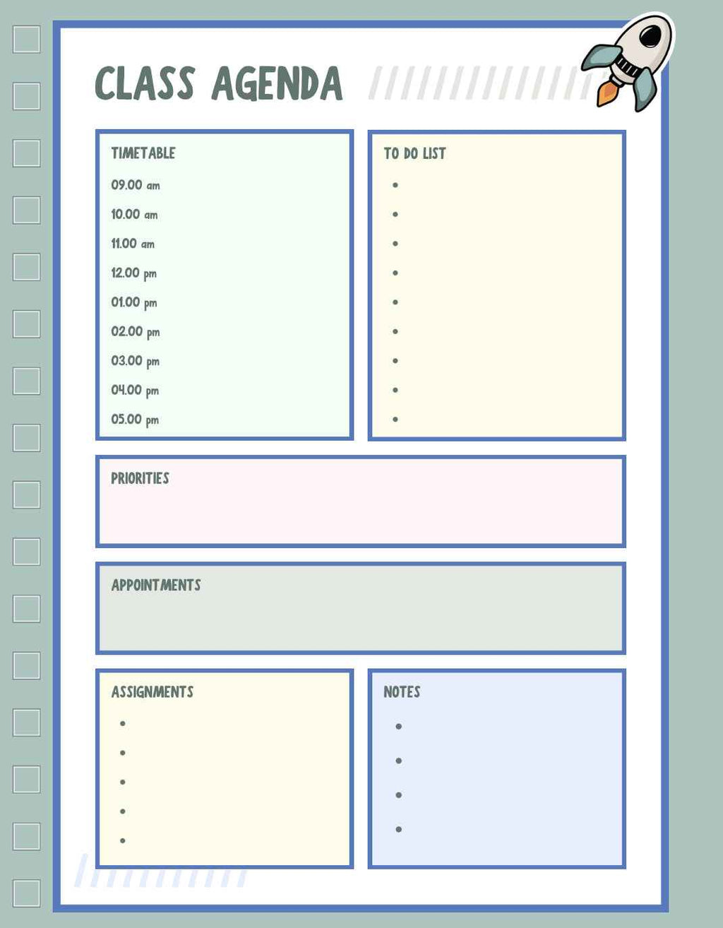 Class agenda template with timetable, to-do list, priorities, appointments, assignments, and notes sections.