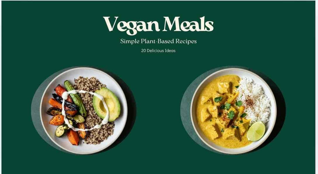 Two vegan meals on a green background with 'Vegan Meals' text.