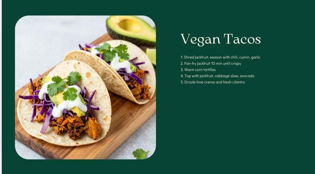 Vegan tacos on a wooden board with an avocado, served on a green background.