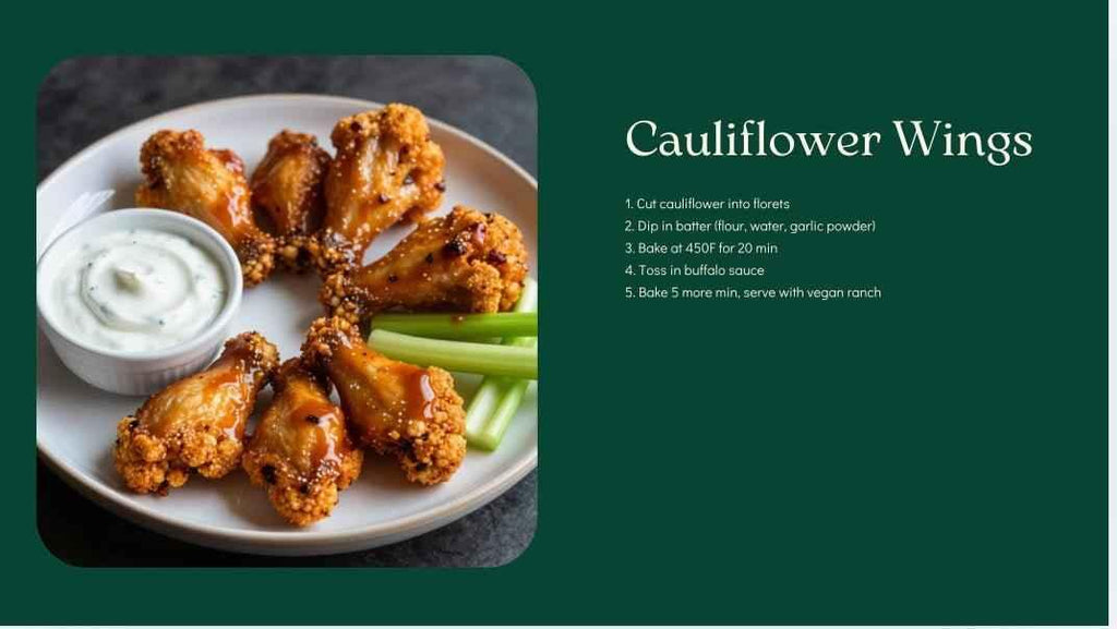 Cauliflower wings on a plate with ranch dressing and celery, against a green background.
