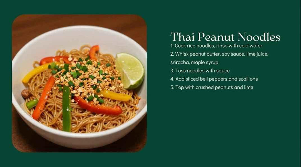 Bowl of Thai Peanut Noodles with a recipe on a green background