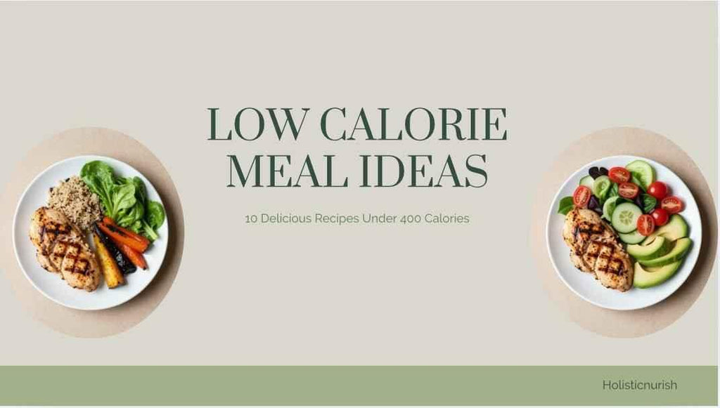 Promotional graphic for low calorie meal ideas with plates of food and text on a light background.