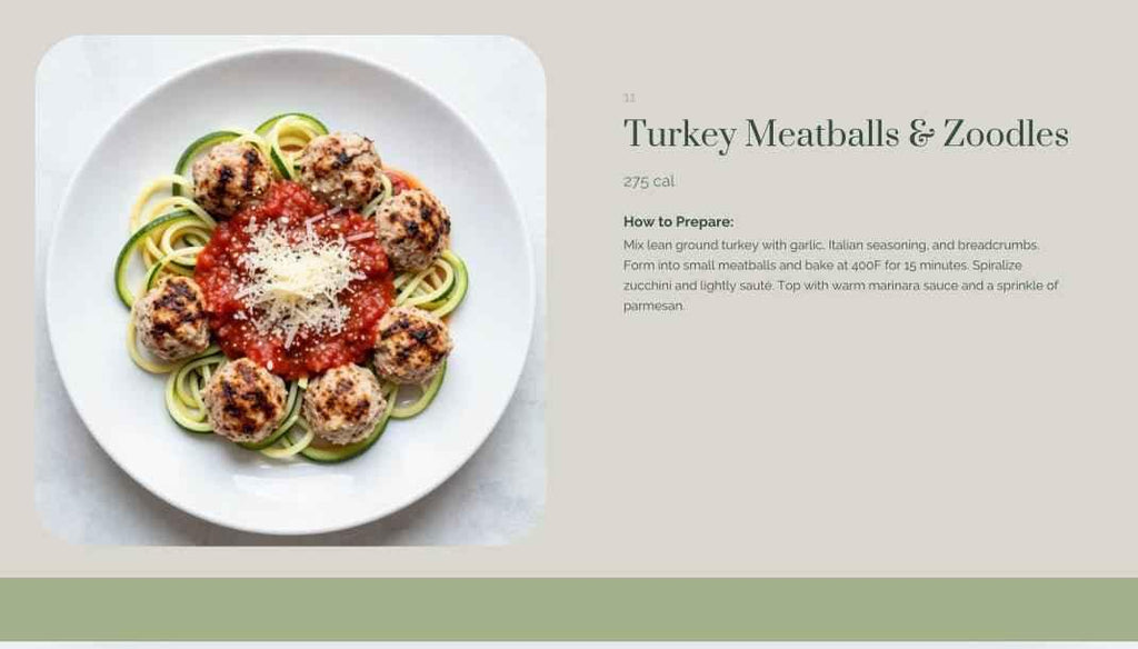 Plate of turkey meatballs with zoodles and tomato sauce on a white plate, with text about the dish.