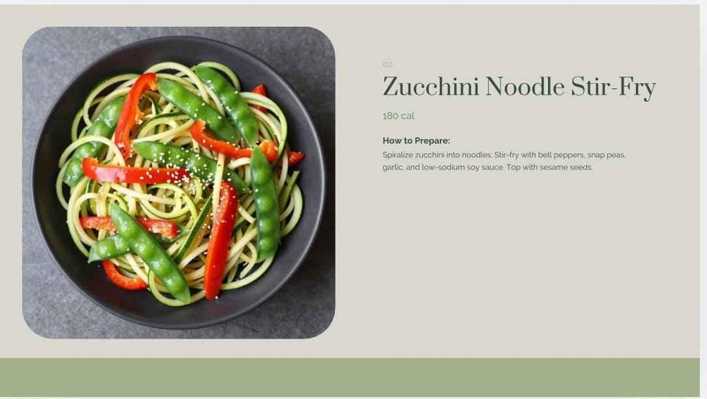 Zucchini noodle stir-fry in a black bowl on a gray background with text overlay.
