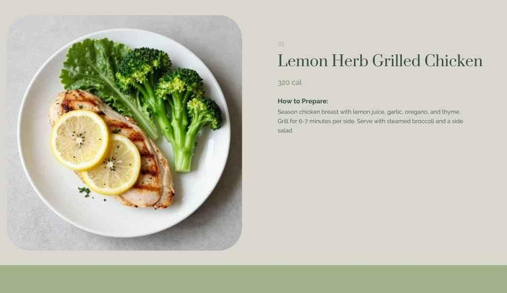 Lemon Herb Grilled Chicken with broccoli on a white plate, with text on a light gray background.