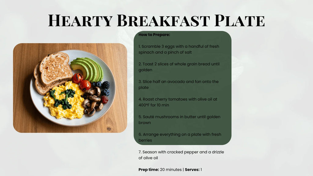 Hearty breakfast plate with scrambled eggs, toast, avocado, and vegetables on a wooden board, accompanied by a recipe card.