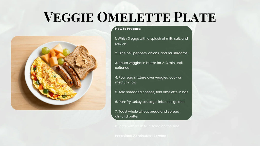 Veggie omelette plate with ingredients and preparation steps on a white background