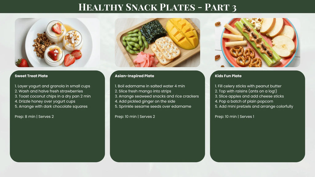 Three healthy snack plates with recipes on a green background