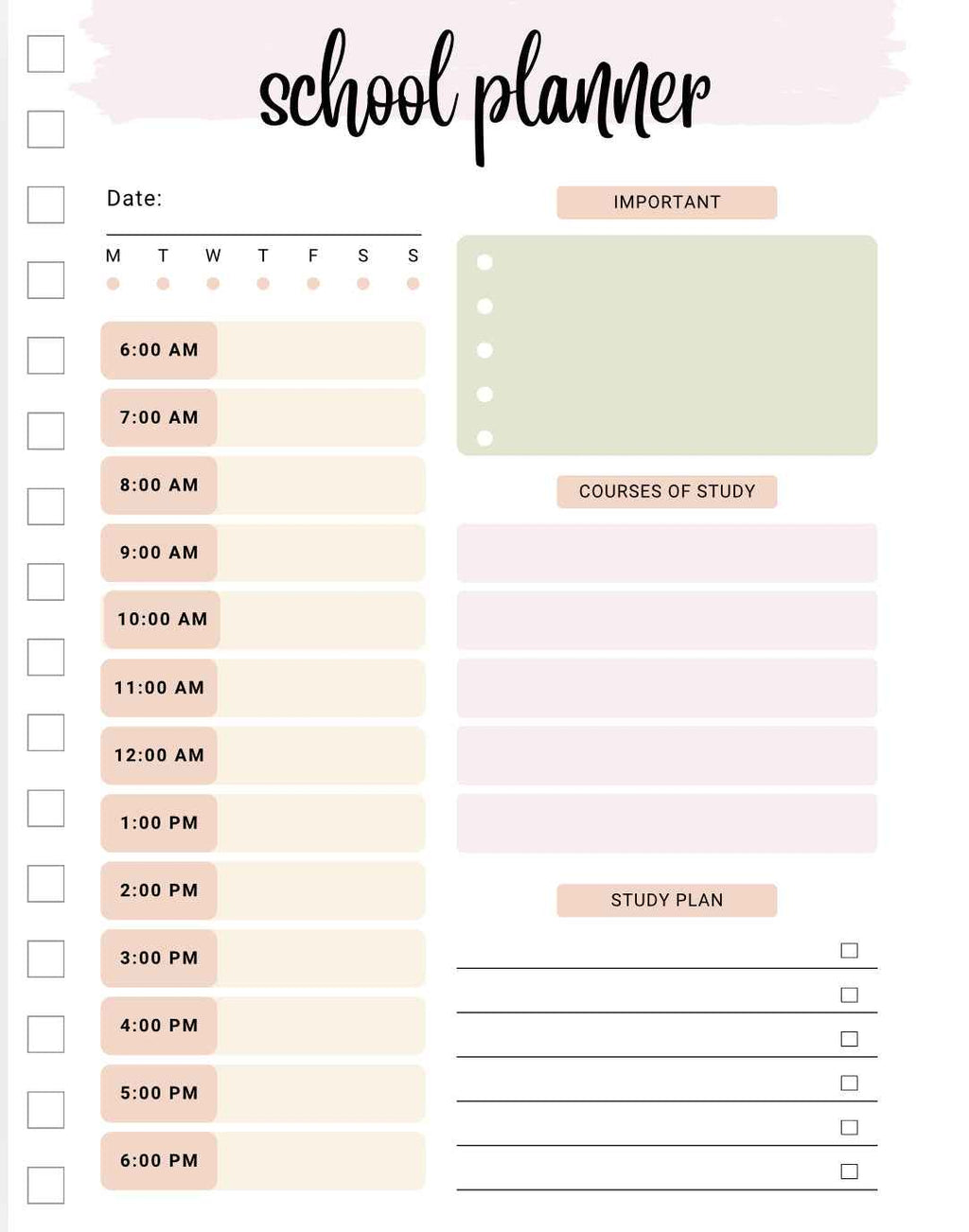 School planner with time slots and sections for courses of study and study plan on a pink and beige gradient background.