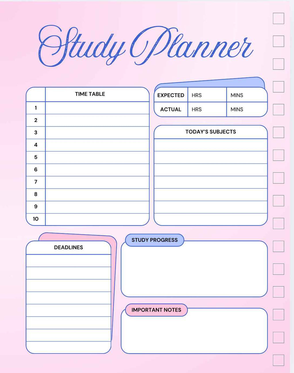 Study planner with time table, deadlines, and study progress sections on a pink background.