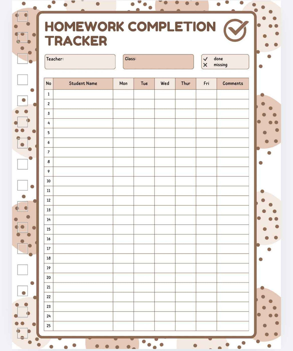 Homework completion tracker with a polka dot border on a white background