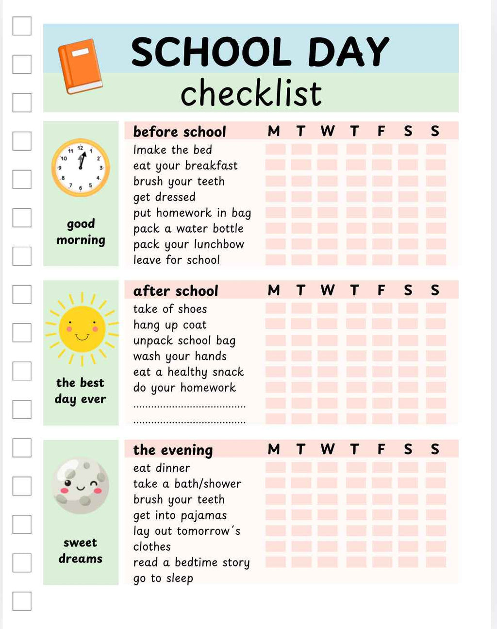 School day checklist with daily activities for before, after, and evening routines.